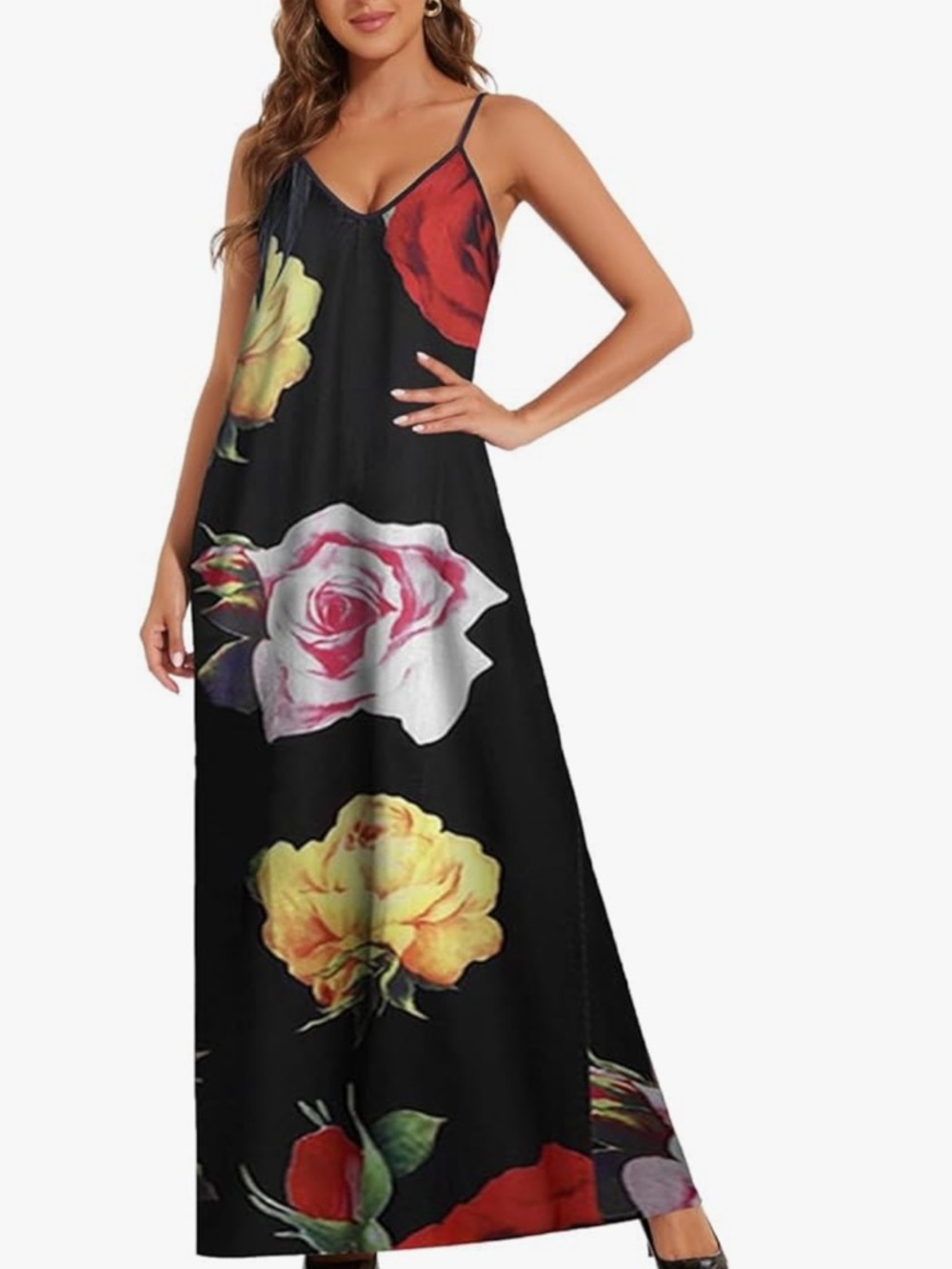 Chic Nation Black Maxi Slip Dress with Red, Yellow & Pink Floral Print